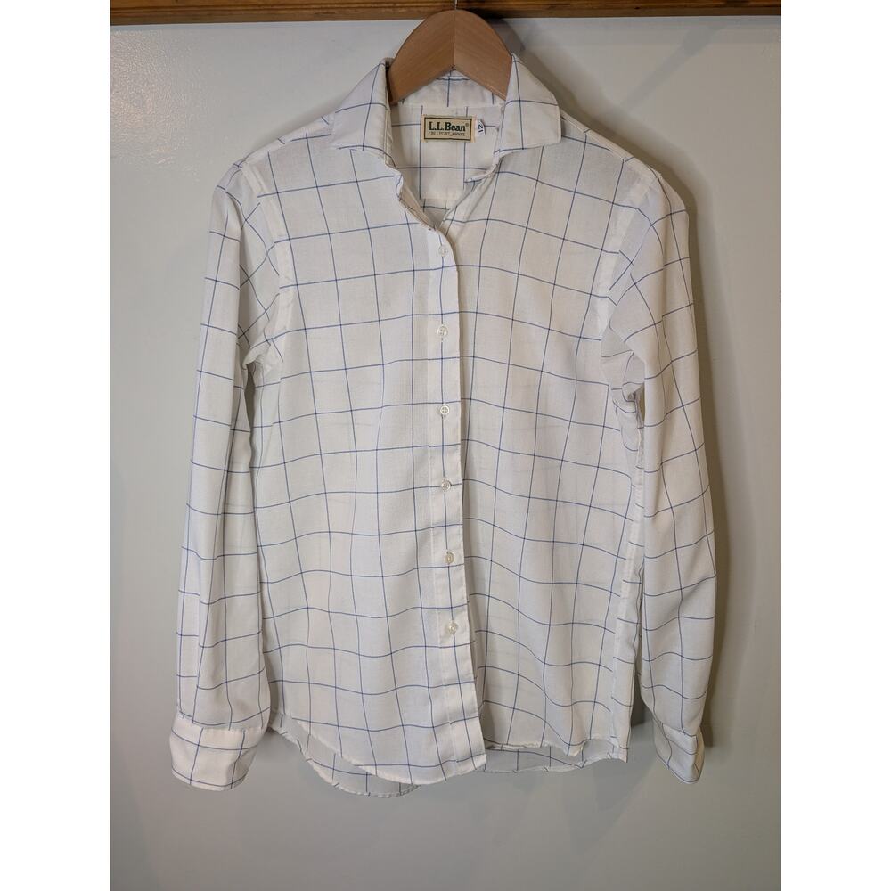 Vintage L.L. Bean White Blue Windowpane Plaid Button Down Shirt Womens 12